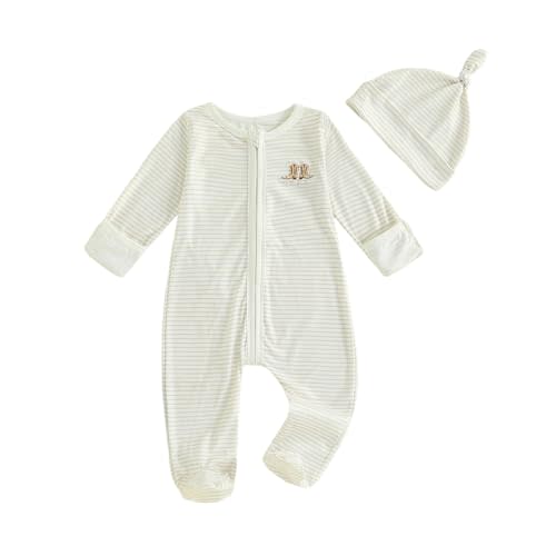 XRTBMN Infant Boy Western Footie Rompers Newborn Baby Coming Home Outfit Fall Clothes Long Sleeve Striped Jumpsuit with Hat