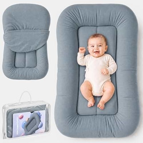 Infant Support Cushion - Organic Soft Cotton Baby Support Cushion for Newborn 0-24 Months, Breathable Portable Pad for Home and Travel, Washable Cover Included, Ideal Baby Essentials Gift, Mist-CS-02