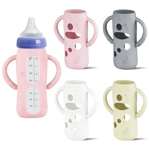 Lionpower 4 Pack Silicone Sleeves for Lansinoh Glass Bottles (Old Style) 5oz – Protective Covers with Handle, Non-Slip Baby Bottle Holder, Compatible with Lansinoh Bottles (Grey+Pink+Beige+White(5OZ))