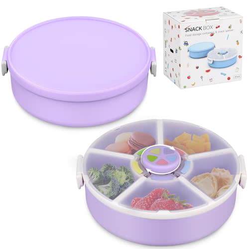 JOOPETALK Kids' Rotating Snack Container Set – 2-Pack, Includes 1 Rotating Snack Container & 1 Round Sectioned Snack Box, BPA-Free, Dishwasher Safe, Perfect for Travel-Purple