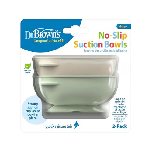Dr. Brown's No-Slip Suction Bowls, Baby and Toddler, 4m+, 2-Pack Ecru/Mint | Dr. Brown's Designed to Nourish No-Slip Suction Bowls for Babies and Toddlers, Quick Release Tab, BPA-Free, 4m+, 2-Pack