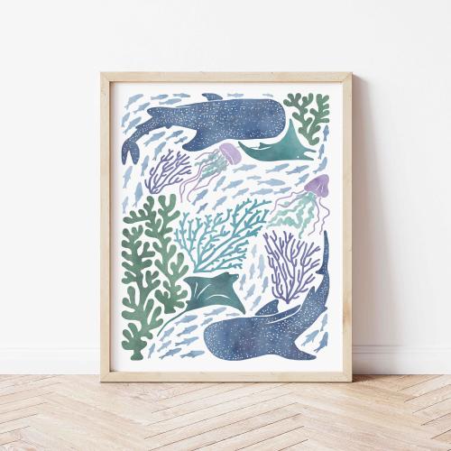 Ocean Animals Wall Art Set, Watercolor Ocean Decor Mermaid Art Print Whale Ocean Nursery Coastal Wall Decor Underwater Art Set Kids Bedroom