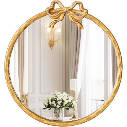 16 Inch Vintage Gold Round Wall Mirror, Antique Ornate Metal Circle Mirror with Baroque Bow Decor for Bathroom Vanity, Bedroom, Living Room, Hallway (Gold, 16" Lx16 W)