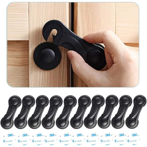 Child Safety Cabinet Locks (10 Pack) - Baby Proofing Latches Lock for Drawers, Toilet Seat, Fridge, Oven, with 10 Extra 3M Adhesives (Black)