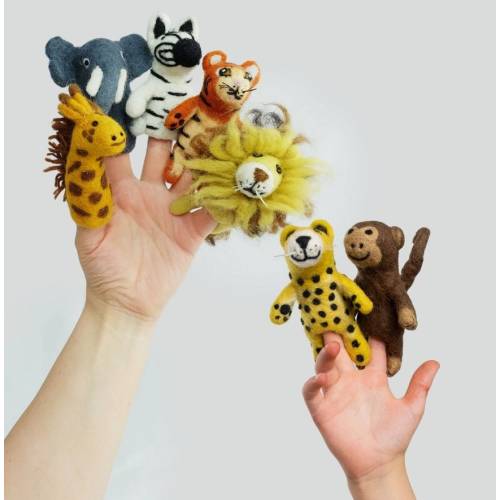Handmade Felt Wool Jungle Animal Finger Puppets (Set of 6)