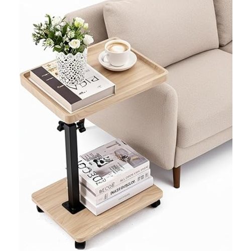 C Table End Table with Adjustable Height, C-Shaped Side Table for Couch & Bed, 360° Swivel TV Tray Table, Slide-Under Sofa Table for Snacks, Laptop & Small Spaces(Solid Wood Color)