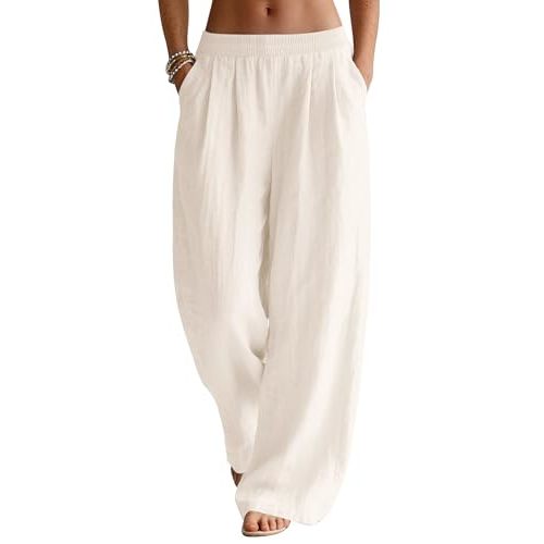 LOMON Linen Pants Women Wide Leg Palazzo Summer Flowy Pants Beach Vacation Clothes Elastic Waist Travel Trousers with Pockets