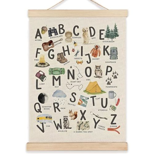Camping Alphabet Nursery Wall Art Poster, Kids Room Decor, Camping Alphabet Educational Posters Wall Art Decor for Classroom Toddler Kids Nursery Bedroom Playroom, 12x16 Inches