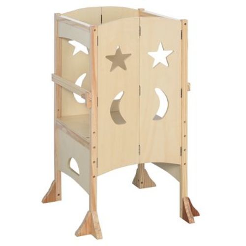 Qaba Kitchen Step Stool For Kids Wooden Foldable Helper Stool With Support Handles Safety Rail Cooking Stool Stand For Toddler Kitchen Natural Wood