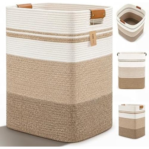 Laundry Hamper, Cotton Rope Laundry Basket with Leather Handles, 25.1-Gallon/95 L Large Clothes Hampers for Laundry, Woven Laundry Baskets for Blankets, Clothing, Bedroom, Living Room, Nursery
