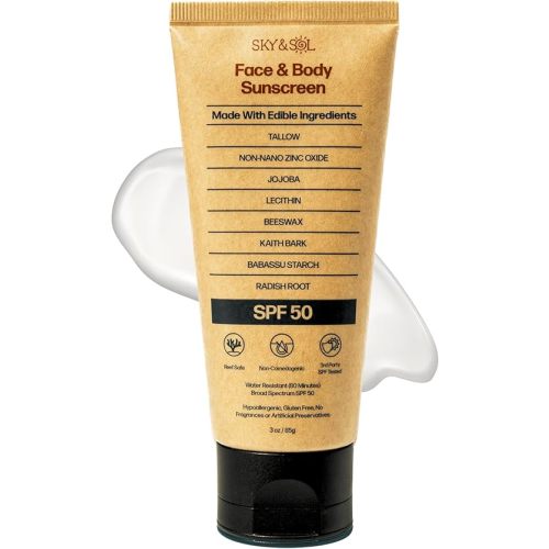 Sky and Sol Mineral Sunscreen SPF 50 | With Grass-Fed Tallow & Zinc Oxide | Non-Greasy Formula for Face & Body | Made Without Reef-Harming UV Filters | 3 oz (85 g)