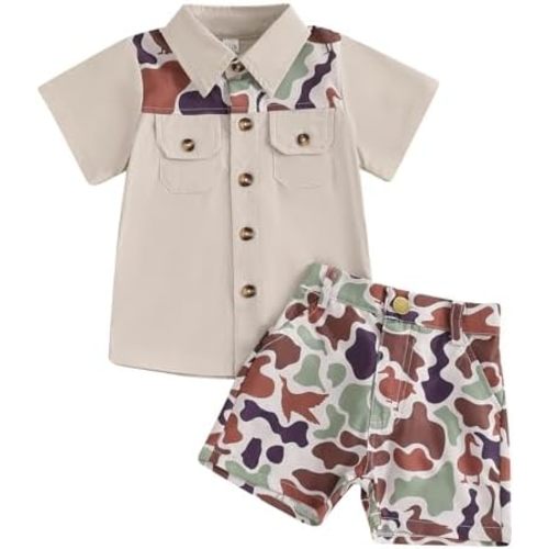 Toddler Baby Boy Hunting Outfit Duck Camo Button Down Short Sleeve Shirt Top and Shorts Set 2Pcs Summer Outfits
