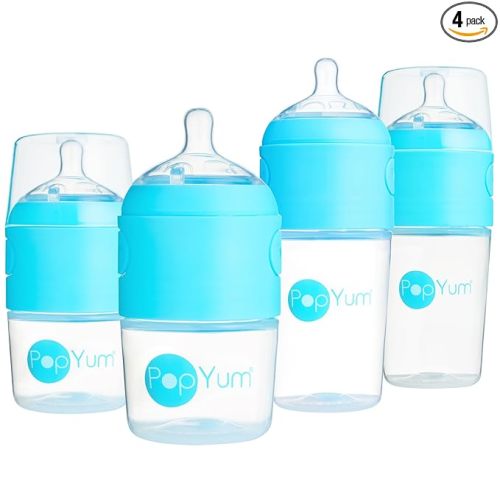 PopYum Blue Formula Making Baby Bottle Starter Set, 4-Pack | 2X 5oz Bottles with #1 Slow Flow Nipples, 2X 9oz Bottles with #2 Medium Flow Nipples, Mixing, Dispenser