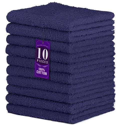 DecorRack 10 Pack 100% Cotton Washcloth, Absorbent 12 x 12" Soft Cotton Hand Towel, Blue (Set of 10)