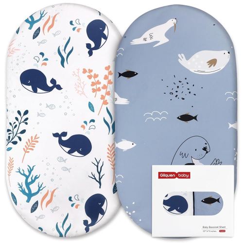 Gllquen Baby Bassinet Sheets Set 2-Pack, Breathable Cozy Bassinet Fitted Sheet Universal Fit Standard Mattress Oval Rectangle Cradle Baby Sheets for Baby Boy Girls Unisex 32"x16" (Sea Lions)