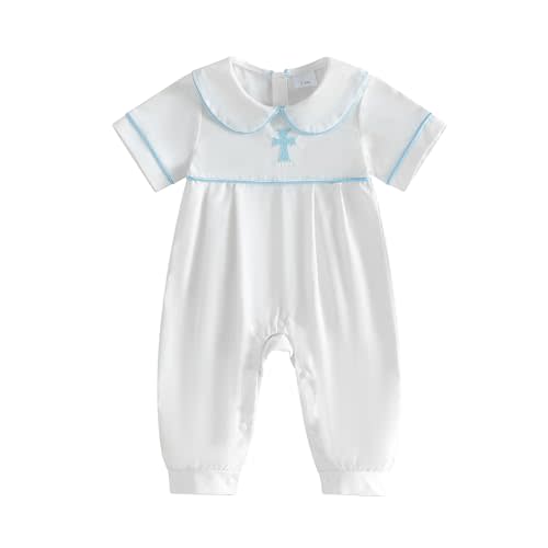 Lamuusaa Newborn Baby Boy Baptism Outfit Bubble Romper Peter Pan Bodysuit Cross Jumpsuit Infant Church Outfit 0-18M