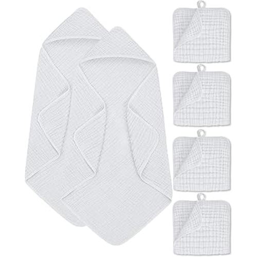 6Pcs Baby Muslin Hooded Bath Towels and Washcloths,32"x 32" Muslin Cotton Hooded Baby Towels for Newborn Shower