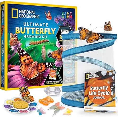 National Geographic Ultimate Butterfly Growing Kit – Butterfly Habitat Kit with Voucher to Redeem 5 Caterpillars (S&H Not Included), Glow-in-The-Dark Figures, Hands-On Activity, Outdoor Toys