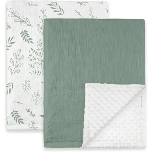 GLLQUEN BABY Blankets for Unisex Boys Girls, 2-Pack Muslin Cotton Front Soft and Breathable, and Dotted Fleece Backing, Printed Bed Nursery Minky Blankets for Toddler Newborn, Greenery,30 x 40 inches