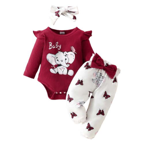 RMGVDSD Baby Girl Clothes Long Sleeve Ribbed Cartoon Print Romper Tops Pants Headband 3 Piece Set Clothing Soft Comfortable Playwear 3-6 Months