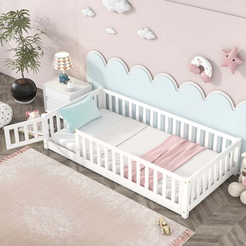 PAPROOS Twin Size Floor Bed, Solid Wood Toddler Bed with Slat, Fence Guardrail and Door, No Box Spring Needed, Montessori Bed, Twin Bed for Kids, Boys, Girls, White