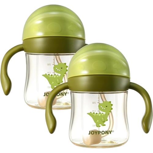 Sippy Cups for Toddlers 1-3, Spill Proof Weighted Straw Cup with Handle for Baby 6 Months + old, 2 Pack, Total 4 Silicone Straws, PPSU, BPA Free, 9 oz (Green)