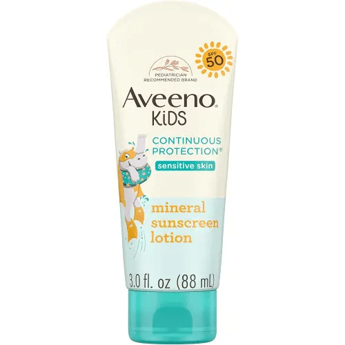 Aveeno Kids Continuous Protection Zinc Oxide Mineral Sunscreen Lotion for Children's Sensitive Skin with Broad Spectrum SPF 50, Tear-Free, Sweat- & Water-Resistant, Non-Greasy, 3 fl. oz