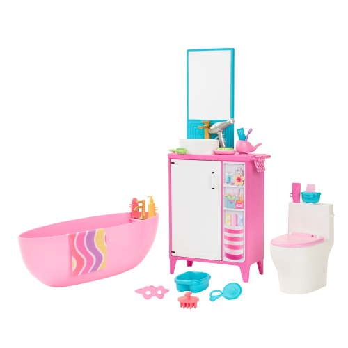 Barbie World Bathtime Toy Playset with 19 Dollhouse Accessories Including Bathtub, Toilet, & Vanity