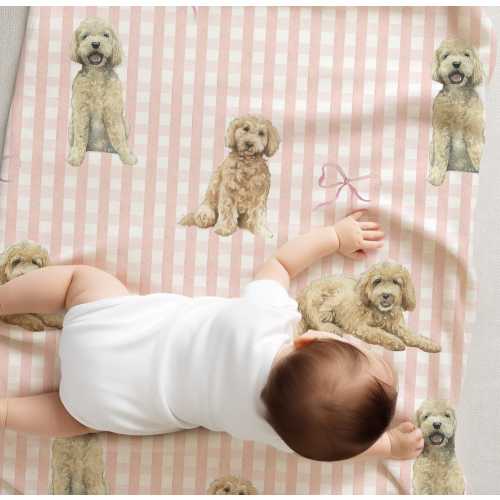 Golden Doodle Gift Baby Blanket Dog Theme Nursery Decor Girl Pink Gingham Bedding Pink Bow Blanket Labradoodle Gift Kid Name Blanket Plaid
