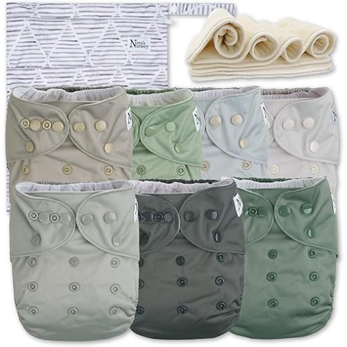 Nora's Nursery Morning Dew Cloth Diapers 7 Pack with 7 Inserts & 1 Wet Bag - Waterproof Cover, Washable, Reusable & One Size Adjustable Pocket Diapers for Newborns and Toddlers