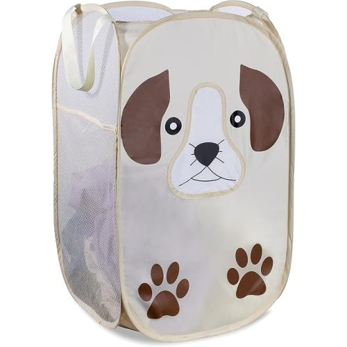 Handy Laundry Collapsible Mesh Pop-Up Hamper with Wide Opening and Side Pocket – Breathable, Sturdy, Foldable, Space-Saving Design (Puppy)
