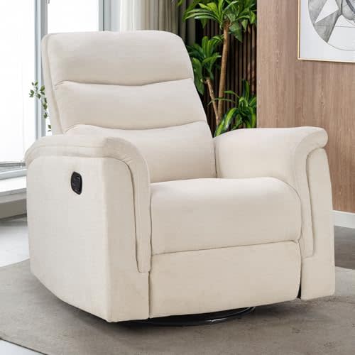 Swivel Rocker Recliner, Fabric Manual Reclining Sofa for Adults, Manual Nursery Glider Chair with Soft Backrest, Rocking Chair Nursery for Living Room Bedroom Apartment, Beige