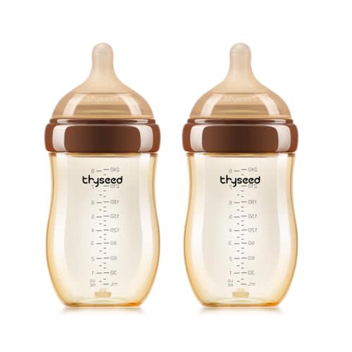 Thyseed PPSU Anti-Colic Baby Bottle, Breast-Like Medium Fast Flow Nipple for Breastfed Babies (3m+), 8 oz/240 mL, 2 Pack