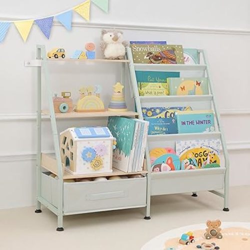 Fabuday Kids Bookshelf and Toy Storage Organizer - 4 Tiers Toddler Baby Sling Book Shelves for Kids Room, 3 Tier Montessori Childrens Bookcase for Nursery, Playroom, Classroom, Small Spaces