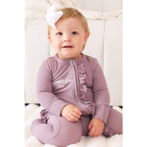 Embroidered Bamboo Waffle Zipper Ruffle Footie | Amethyst