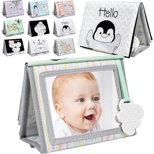 Tummy Time Floor Mirror, High Contrast Baby Mirror with Soft Book