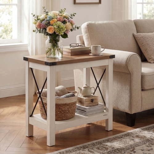 LEDREM 2 Tiers Side Table, Sofa End Table with Underside Storage Rack, Compact Side Table for Bedroom, Ideal for Lounge, Narrow Areas, Rustic Country Design
