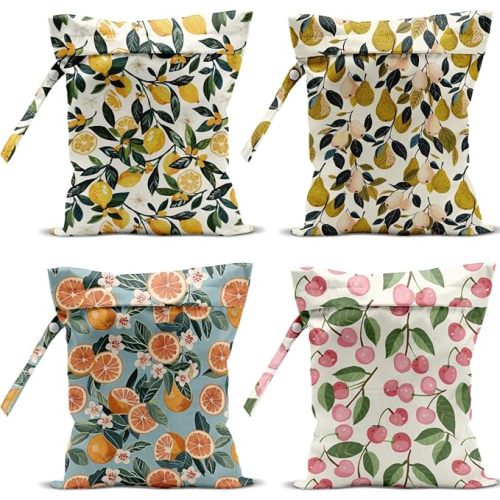 4 Pack Cute Fruit Wet Bag Waterproof Washable Reusable Wet Dry Bag for Swimsuit Clothes Cloth Diaper Travel Beach Pool Yoga Gym Toiletries Travel Beach Essentials Strawberry Pineapples