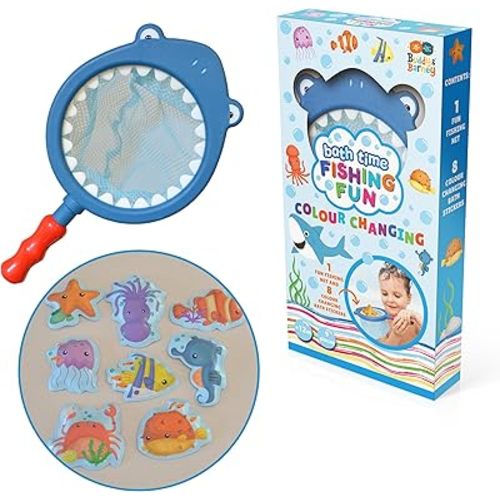 Buddy & Barney: Bath Time Fishing Fun - Color-Changing Ocean Animal Stickers & Fish Catching Net, Interactive Water & Tub Toy, Toddlers & Kids 12mo+