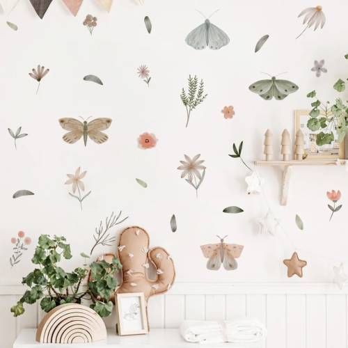 Boho Nursery FLOWER FLORAL Butterfly Nursery Wall Decals, Boho Nursery Wall Decal Sticker, REMOVEABLE Wall Decal Sticker, Nursery Decor Girl