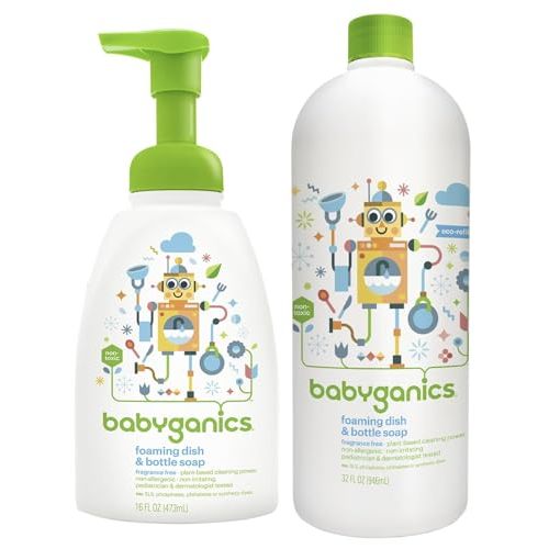 LuxProdX Baby ganic Foaming Dish & Bottle Soap 16 oz + 32 oz Refill – Plant-Based, Fragrance-Free, Baby-Safe Cleaning Kit