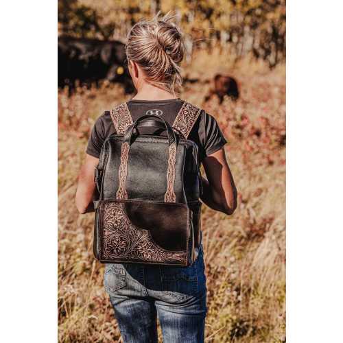 The Buckaroo - Western Leather Diaper Bag | Hand-Tooled Straps, Insulated Bottle Pocket