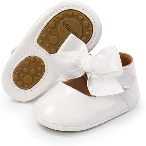 LAFEGEN Baby Girls Mary Jane Flats with Bownot Non Slip Soft Sole PU Leather Newborn Infant Toddler First Walker Cirb Dress Shoes, 0-6 Months Infant, 10 Ivory