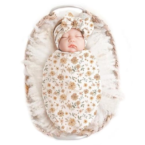 Konssy Baby Girl Newborn Receiving Blanket with Headband Set Baby Swaddle Nursery Swaddle Wrap