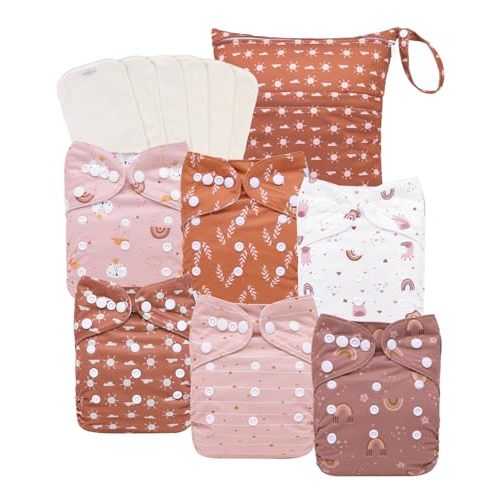 babygoal AWJ Cloth Diapers with Tummy Panel Pack of 13, 6 Diaper Cover with 6 Inserts and Wet Dry Bag, Adjustable Washable Reusable for Baby Girls and Boys