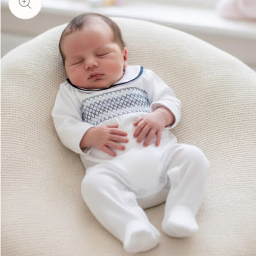 Smocked White and Blue Sleepsuit – Ella Marina Baby