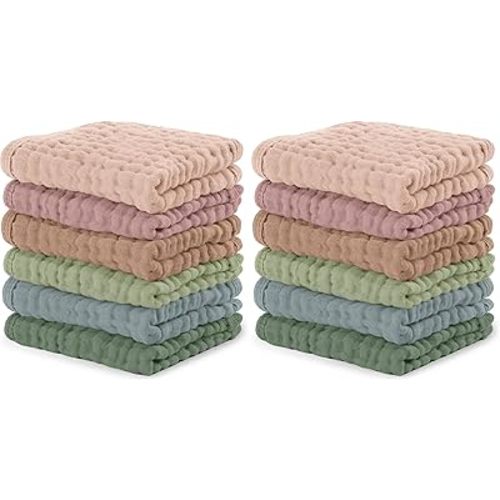 Comfy Cubs Muslin Baby Washcloths 12 Pack - Soft 6-Layer Cotton Wash Cloths for Sensitive Skin - 10"x10" Large, Gentle, Absorbent Infant Essentials for Newborn and Toddlers - Multicolor