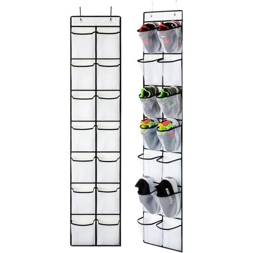 KEEPJOY Over the Door Shoe Organizer, Hanging Shoe Organizer with 4 Hooks, Shoe Holder with 14 Mesh Pockets Closet Door Shoe Storage Bag (White-2Pack)