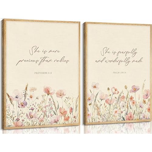 2pcs Framed Christian Floral Nursery Wall Art Bible Christ Flower Botanical Painting Picture Wall Decor Boho Girl Nurseries Poster Print Artwork for Baby Room Living Room Bedroom Home Decoration(Wood Color Framed Bible, 16L" x 12W")
