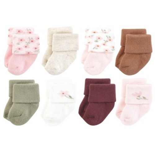 Hudson Baby Infant Girl Cotton Rich Newborn and Terry Socks, Pink Dainty Floral, 0-6 Months